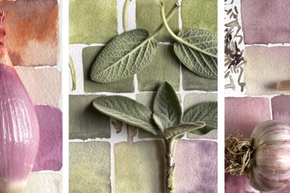 3 images of watercolor studies with square swatches in shades of purple and green with natural objects placed on top like garlic and sage leaves