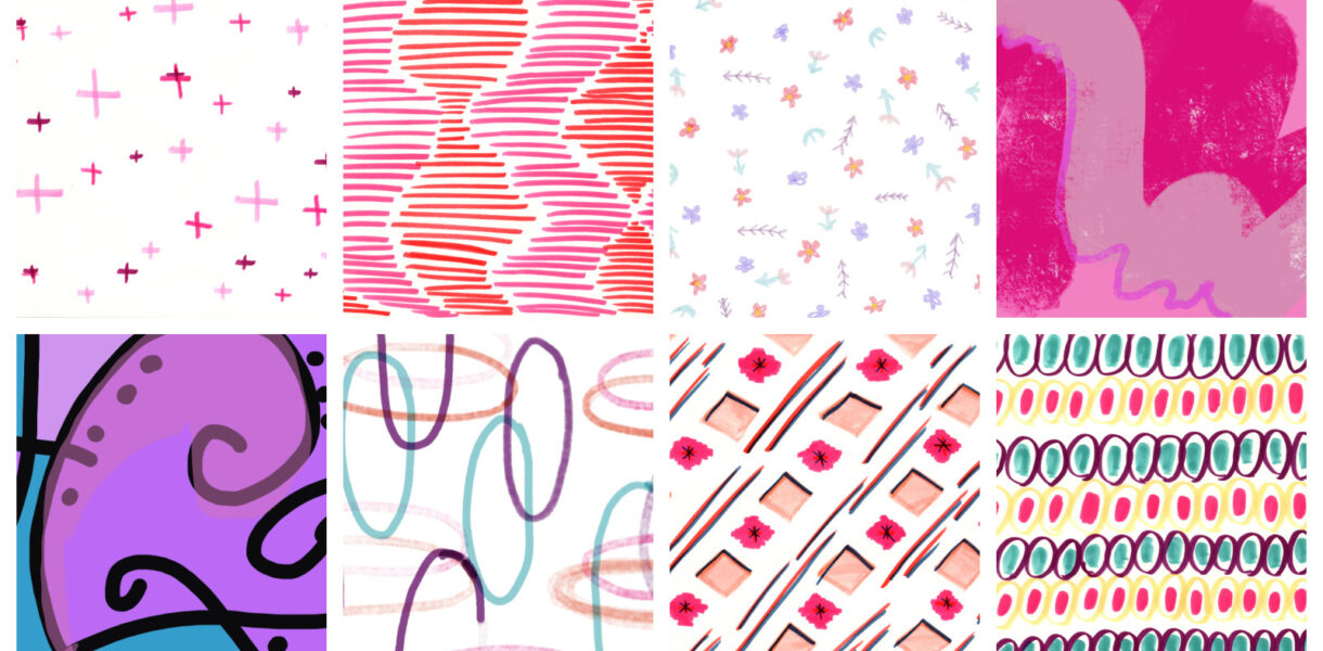 image of a grid of various colorful patterned papers with designs like dots, squiggles, and shapes