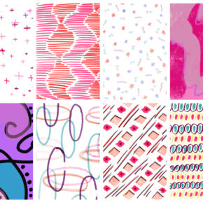 image of a grid of various colorful patterned papers with designs like dots, squiggles, and shapes