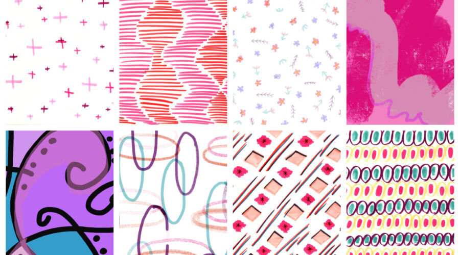 image of a grid of various colorful patterned papers with designs like dots, squiggles, and shapes